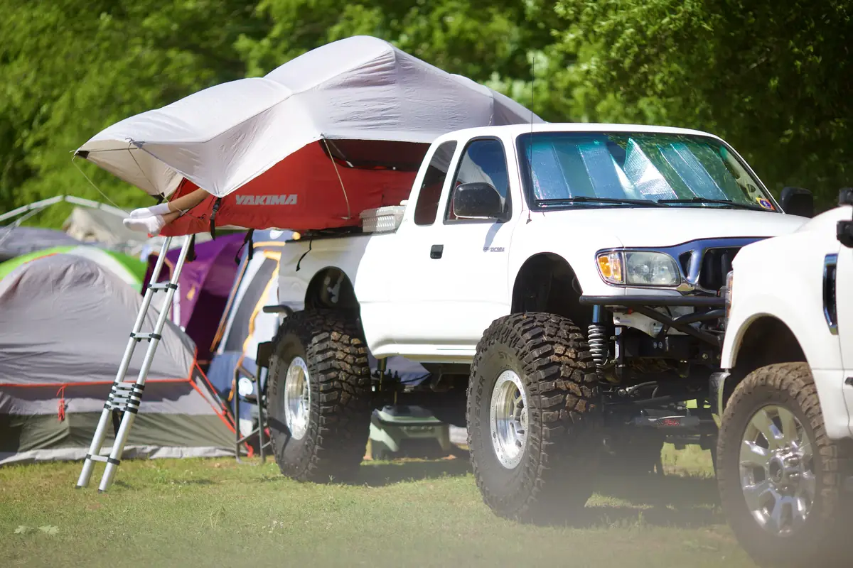 Trucks and rooftop tents in the HyperFest campground